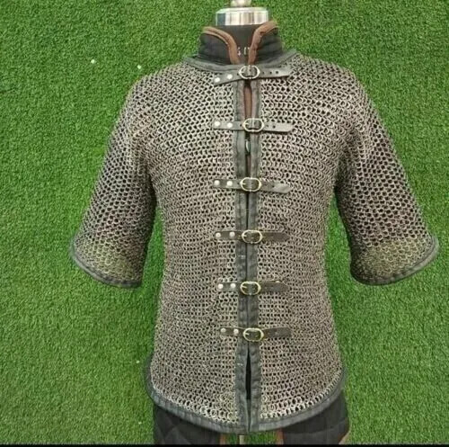 Flat Riveted Chainmail Shirt MS with Leather Trim Medieval Knight Costume LARP