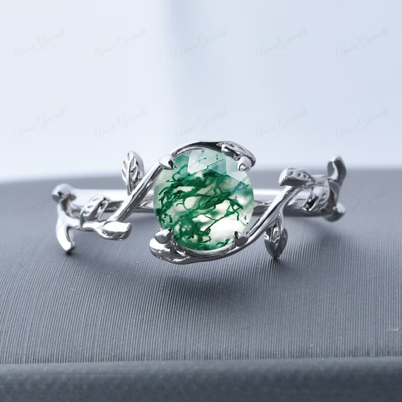 Natural Moss Agate Leaf Ring Sterling Silver Ring Engagement Ring Nature Ring