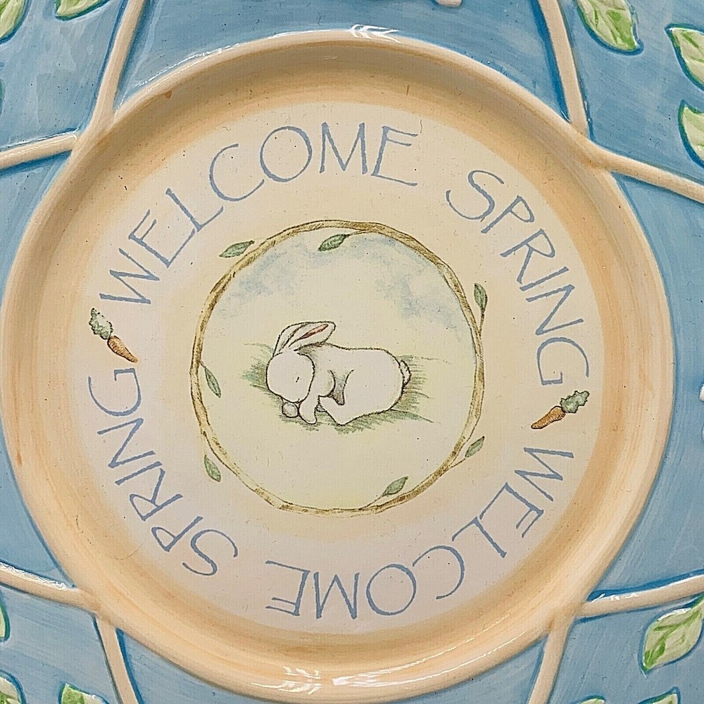 Welcome Spring Serving Plate Bunny Rabbit Blue and Green Easter Decorative Russ