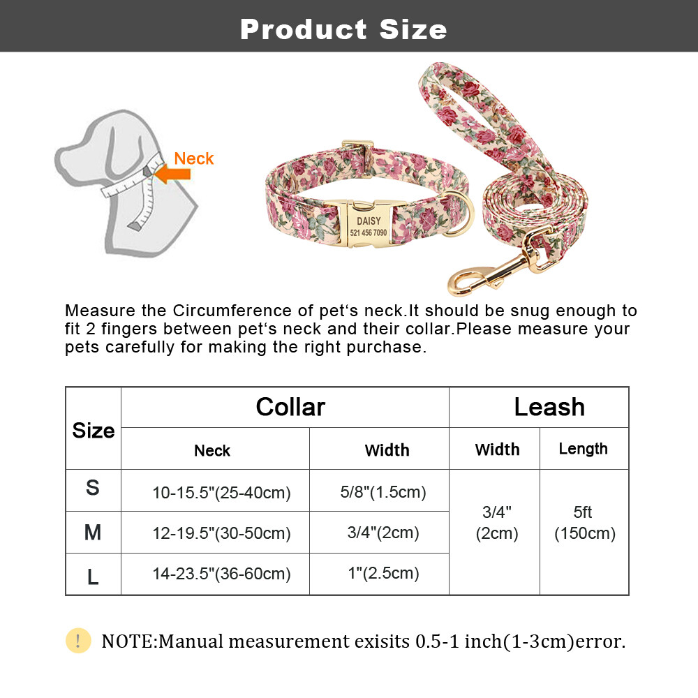 Floral Flower Dog Collar and Leash Personalized Name Engraved Custom Adjustable