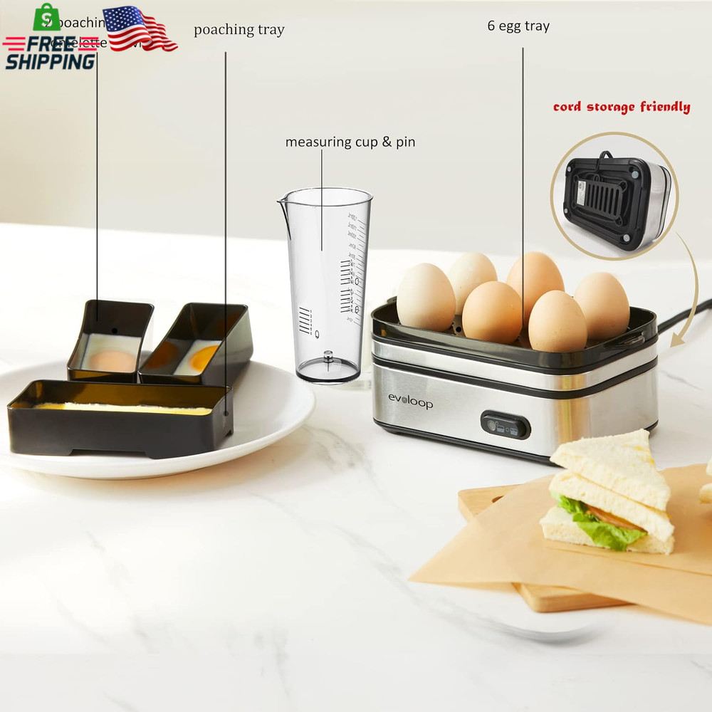 Evoloop Rapid Egg Cooker Electric 6 Eggs Capacity, Soft, Medium, Hard Boiled, Po