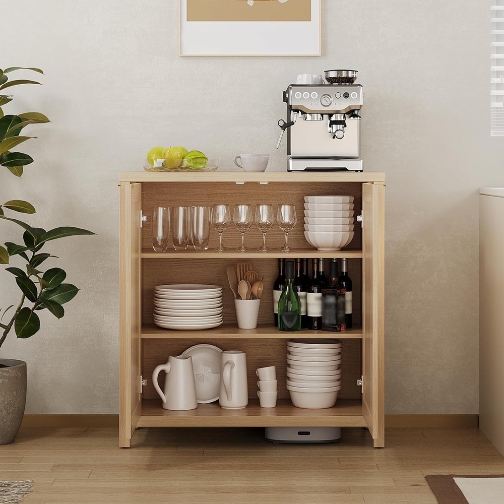Rattan Sideboard Buffet Cabinet W/ Large Storage & Adjustable Shelves Boho