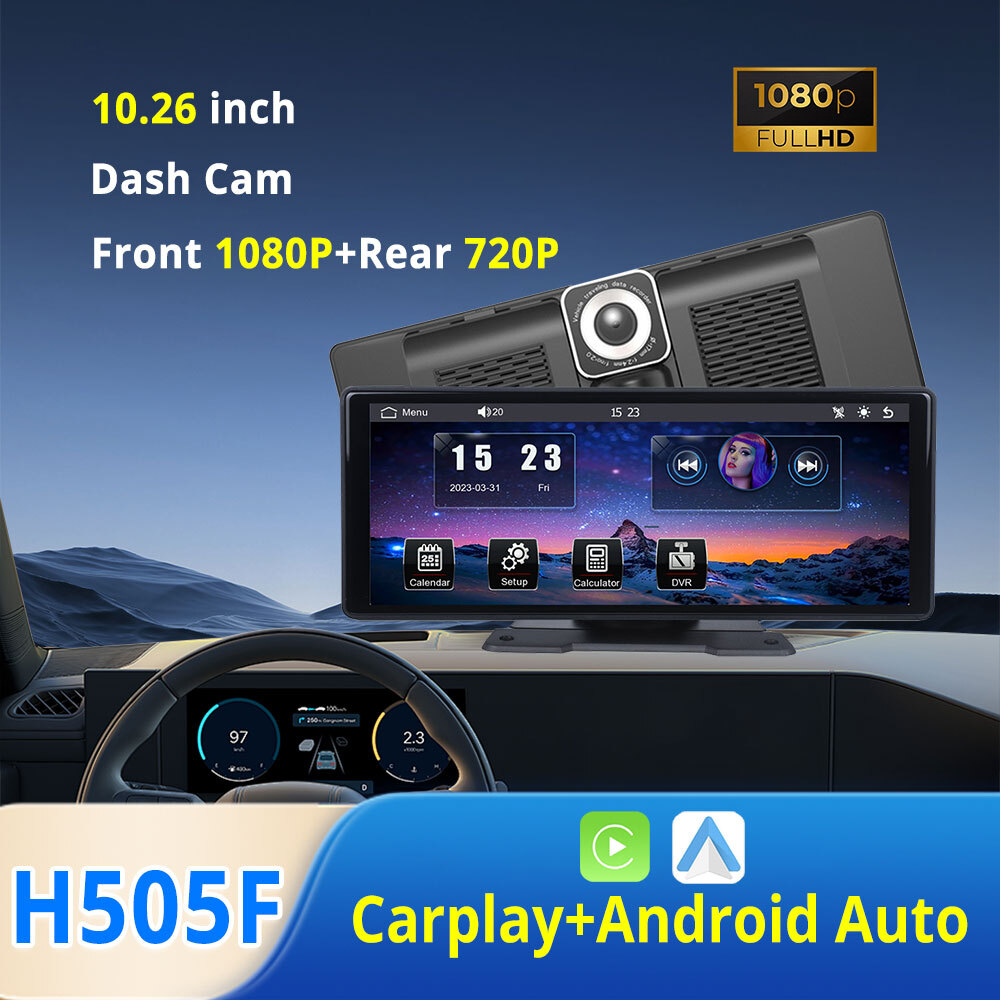 10.26" Widescreen DVR Android Auto HD Portable Apple Carplay Navigation+Dash Cam