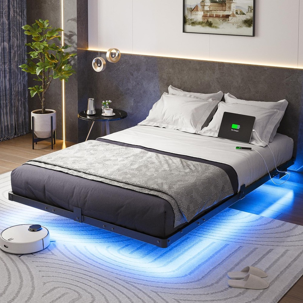 Full Size Modern Floating Bed Frame with Smart LED Lights, USB Charging Stati...