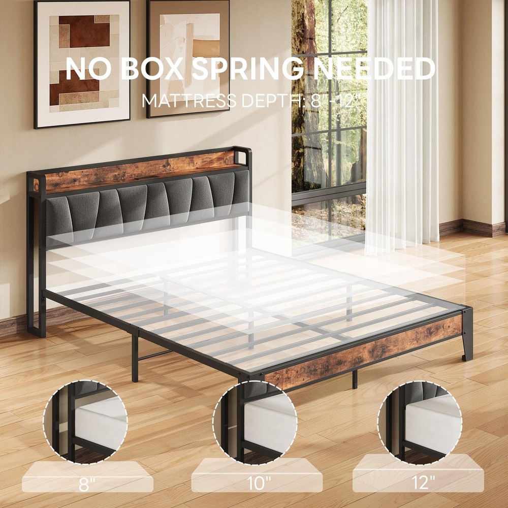LIKIMIO Queen Bed Frame, Storage Headboard with Charging Station, Solid and S...