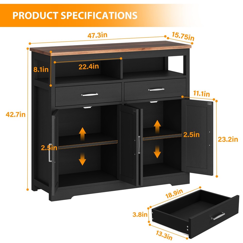 Buffet Sideboard with Storage Farmhouse with 4 Doors, 47'' Large Kitchen Stor...