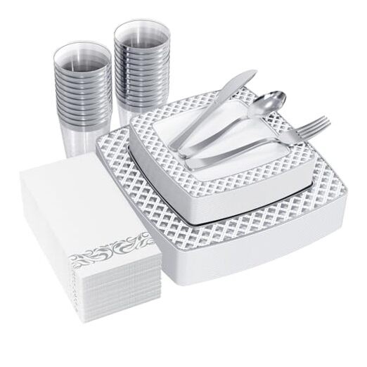 175 Count Silver Dinnerware Set for 25 Guests, Silver Diamond Rim Plates
