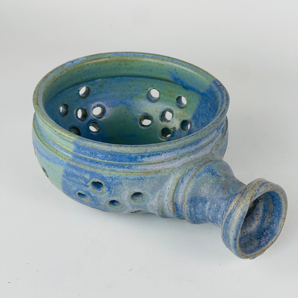 Handmade Blue Green Pottery Berry Bowl Strainer Signed