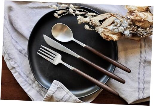 Lightweight Stainless Steel Flatware Set with Walnut (4 Sets) 12 Plain