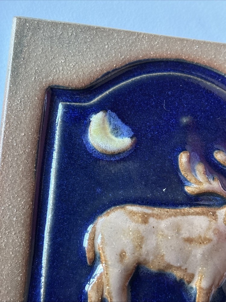 ~Moose Crescent Moon ~ Tile Handmade Stoneware 4”x3.75 “