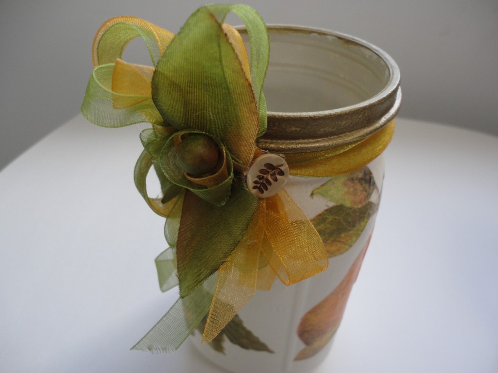 Decoupage Quart Mason Jar, Pears, Grapes ( Handmade)