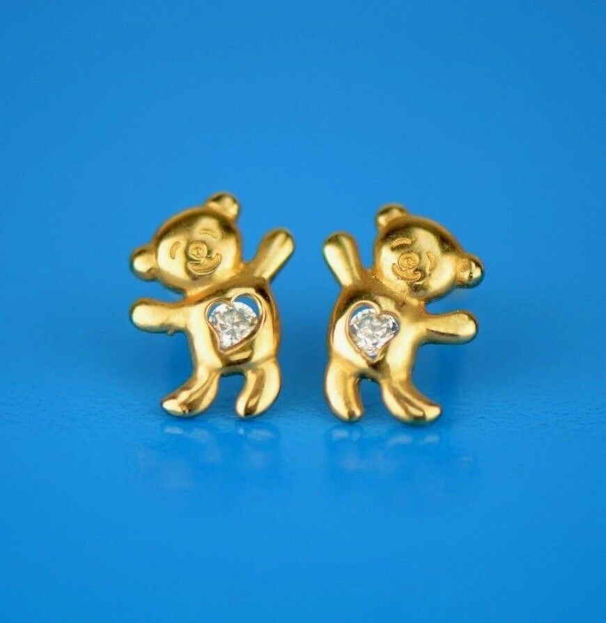14k Yellow Gold CZ Bear Stud Earrings