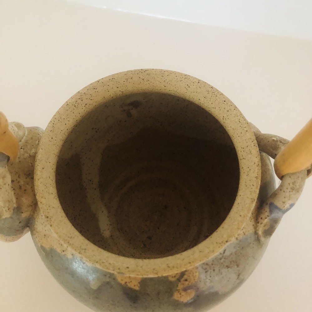 Studio Art Pottery Stoneware Teapot Bamboo Handle & Cup Speckled Glaze Signed