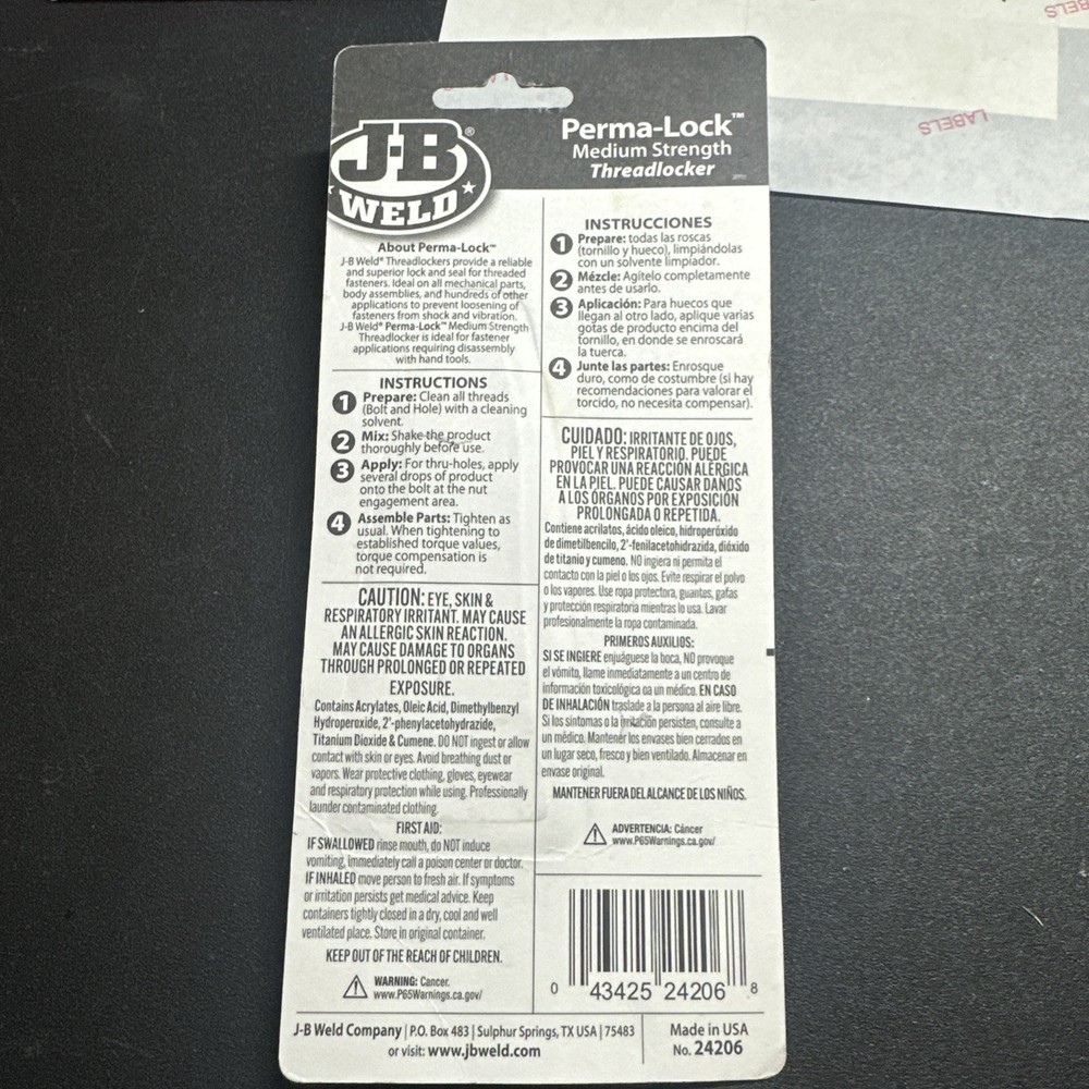 J-B Weld 24206 Perma-Lock Medium Strength Thread locker 6 mL