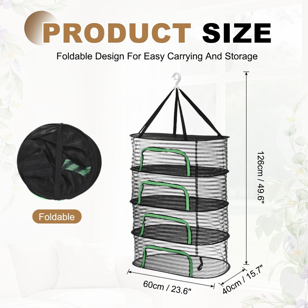 Herb Drying Rack, 24" 4-Layer Hanging Drying Mesh Net, Black