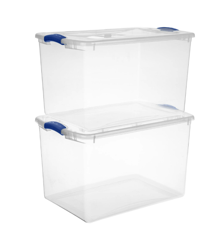 66QT Large Latching Storage Bin, Clear Plastic Container with Blue Lid
