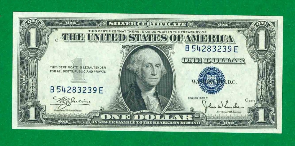 $1 1935-C 1 B/E BLOCK BLUE SEAL SILVER CERTIFICATE CU.