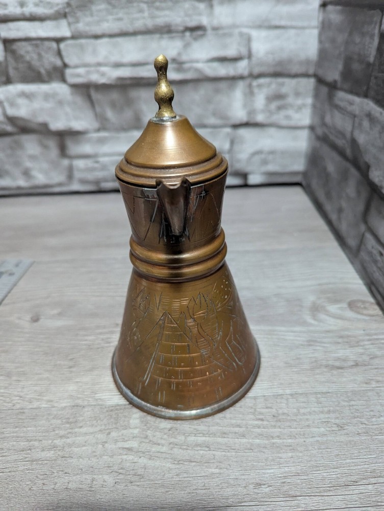 Vtg 6" Dallah Coffee Pot Etched Pyramids Sphinx Brass Copper Tea Egypt Pitcher