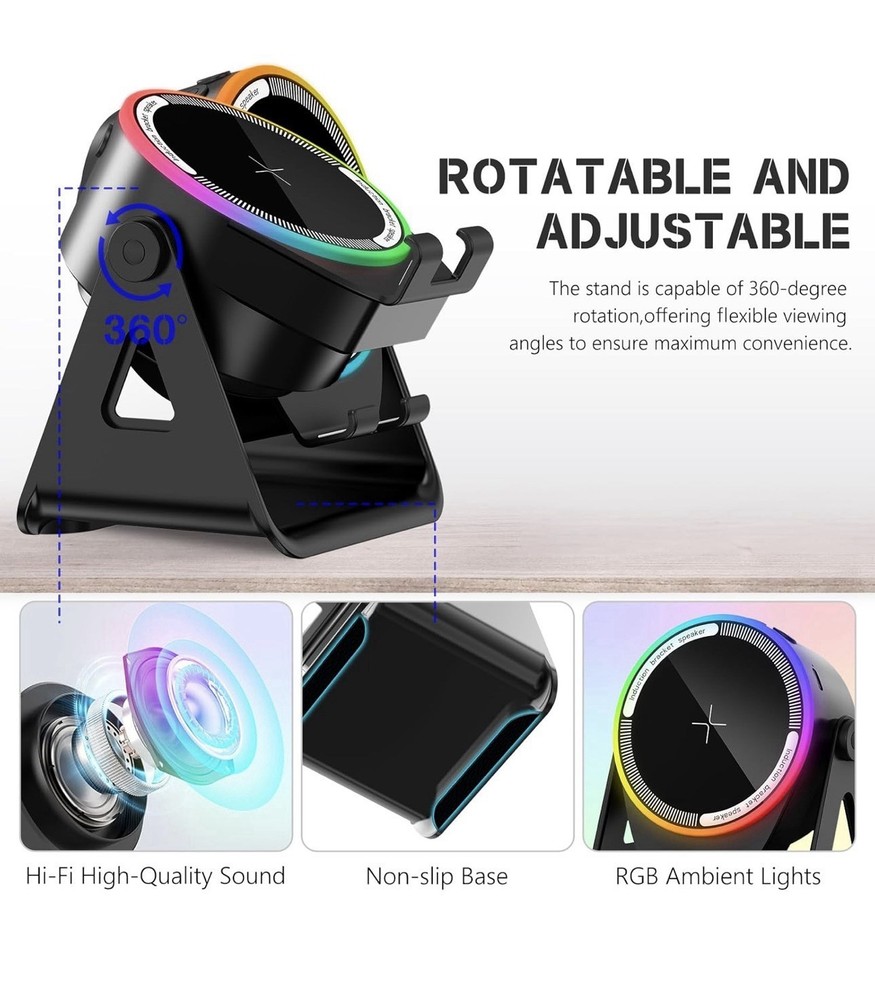 Bluetooth Wireless Induction Speaker, Adjustable Stand, RGB Ambient Light