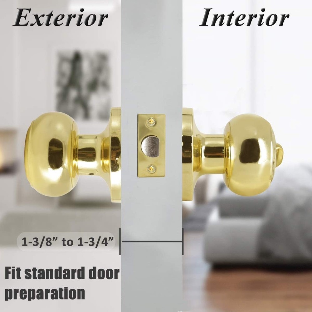 Classic Polished Brass Door Knobs, Keyless Locksets, 3 Pack
