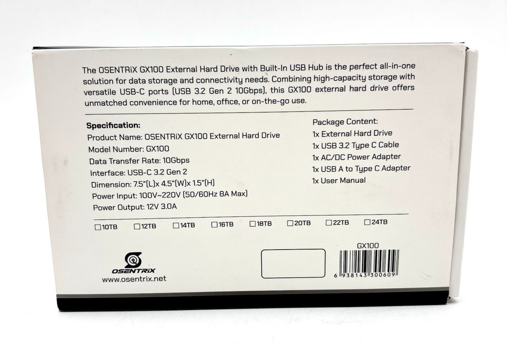 Osentrix 14 Terabyte Storage External Hard Driver - Gray Model GX100