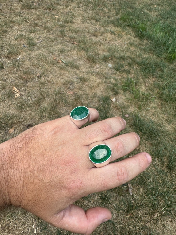 Large 18ct Genuine Emerald Gemstone Mens Real Solid 925 Silver Oval Signet Ring