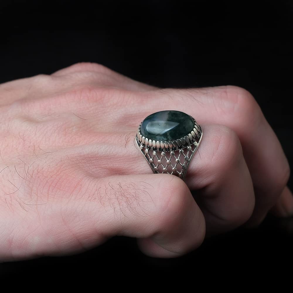 Moss Agate Men's Silver Ring, Handmade Moss Agate Stone Silver Ring for Men,