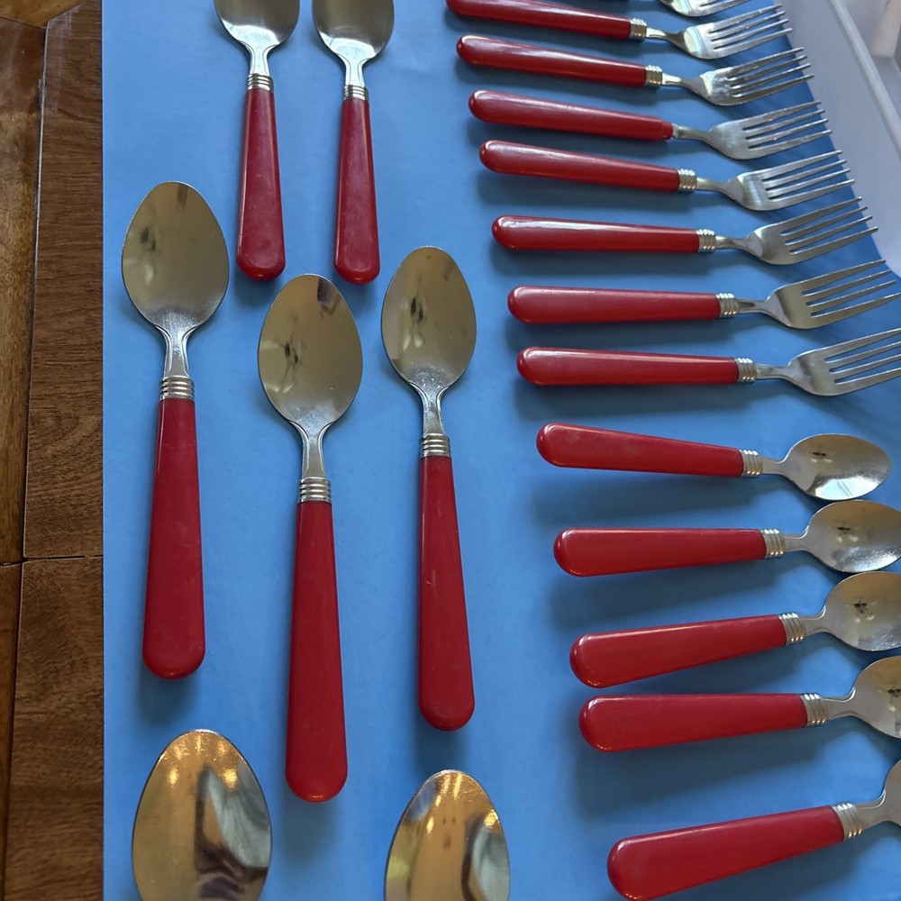 Red Handled Stainless Steel Camping Flatware