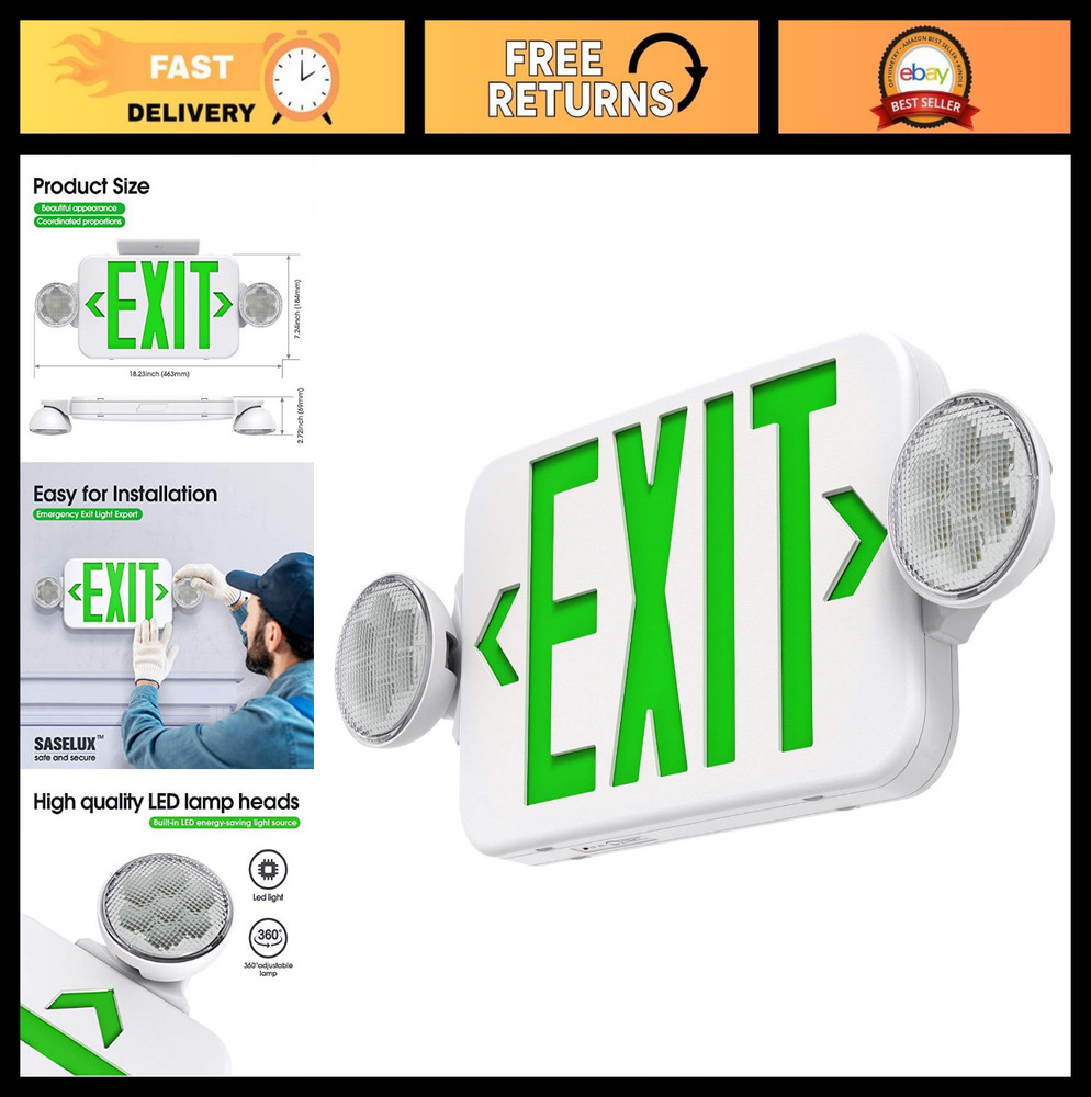 Adjustable Green LED Exit Sign Emergency Light Combo, Double-Sided, Battery Back