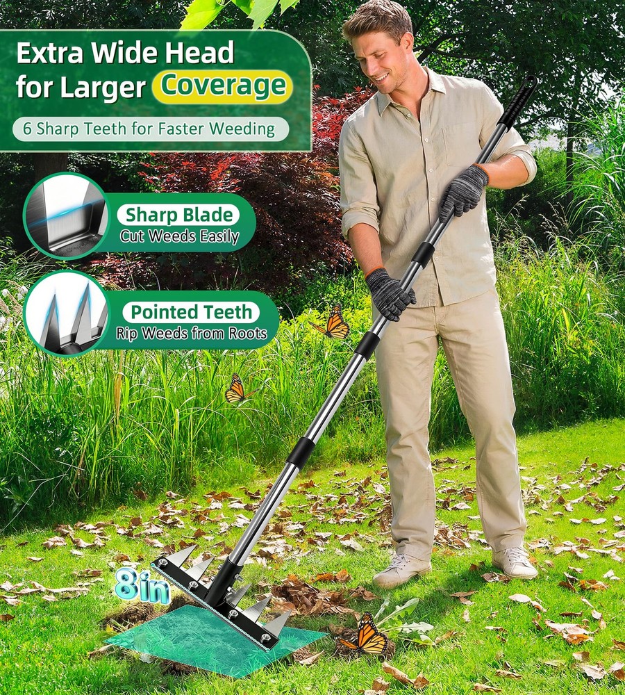 Weed Rake Tool Iron Weed Puller with 71" Adjustable Long Handle, 6 Teeth Gard...