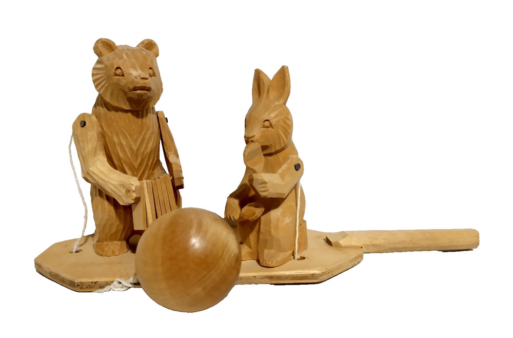 Vintage - Hand Carved Wood Toy - Pull String Action - Rabbit & Bear Making Music
