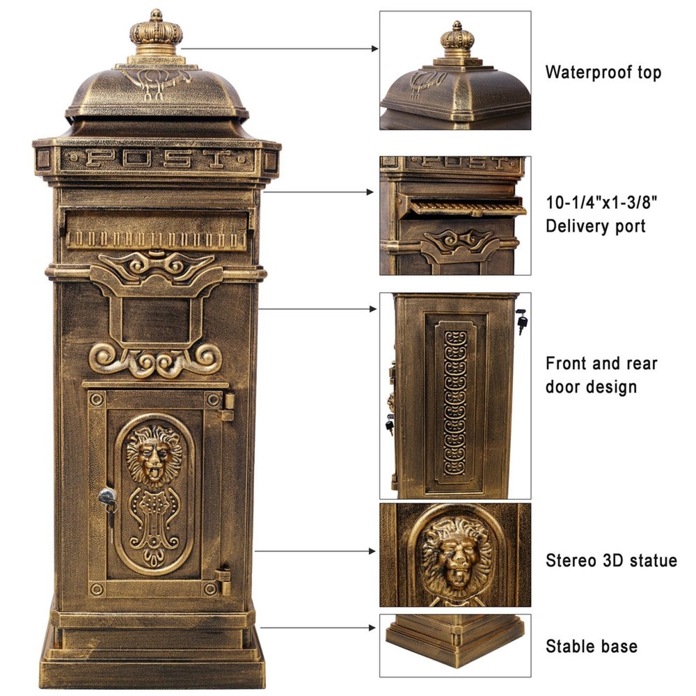 Outdoor Large Mailbox Copper Statue Decorative Postbox Rainproof Parcel Storage