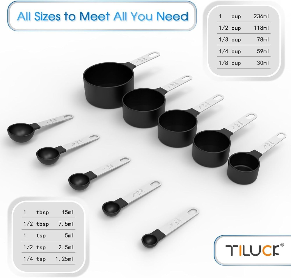 Stackable Measuring Cups and Spoons Set, Nesting Kitchen Baking Tools Black