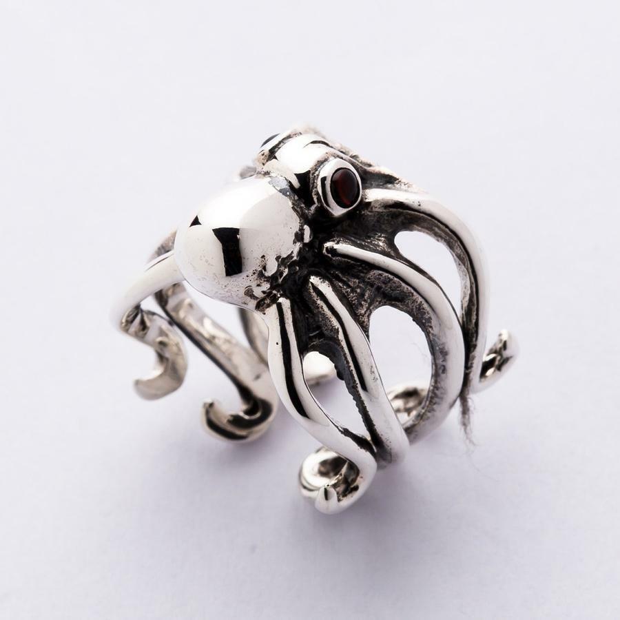 Red Eyes Sterling Silver Octopus Ring
