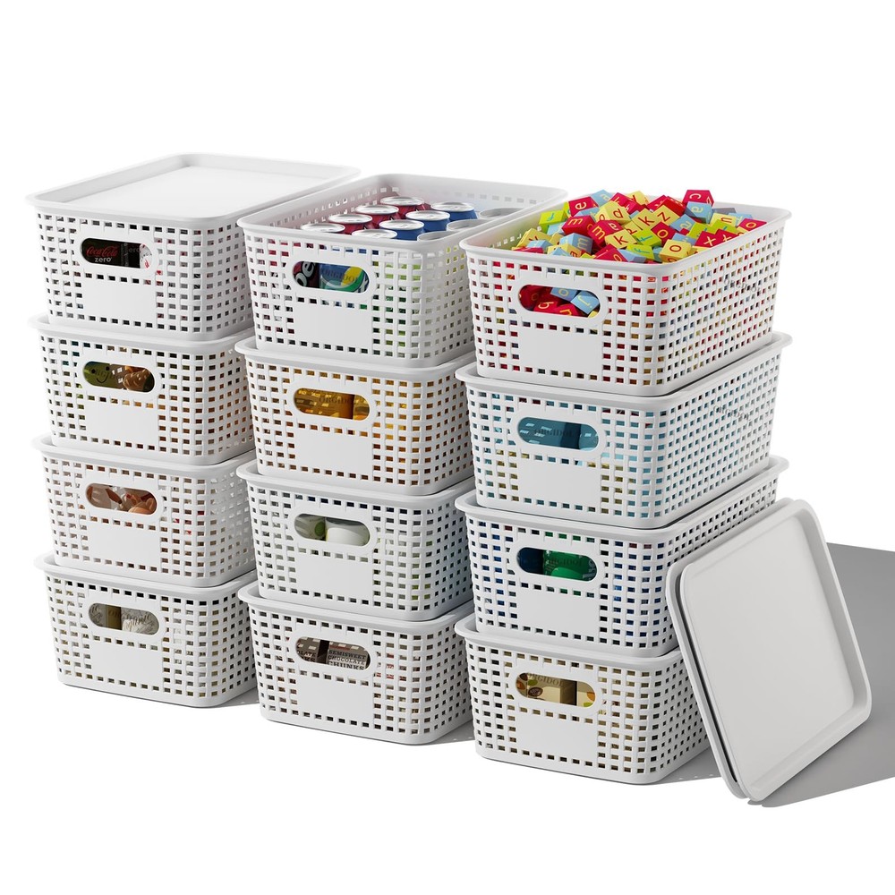 Plastic Storage Basket with Lids 12 Pack Stackable Storage Bins Containers wi...