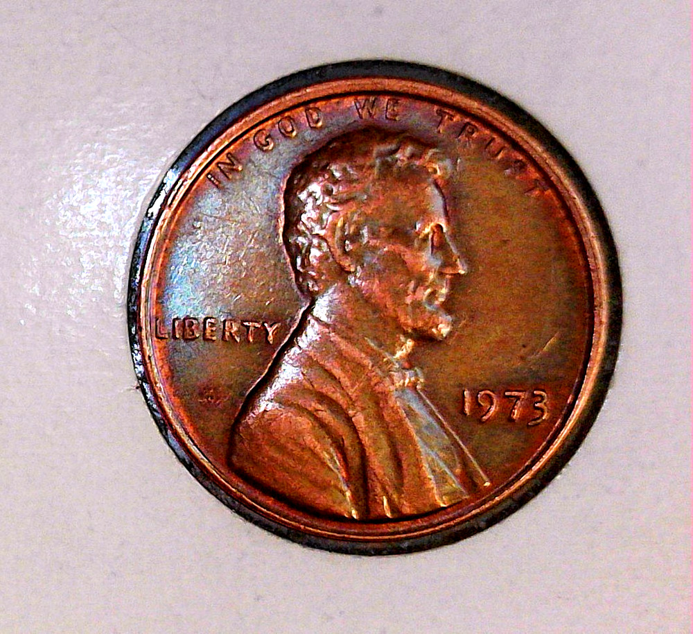 1973 Lincoln Cent, Rainbow Toned, Mint Errors - Off Center Strike, Double Rim