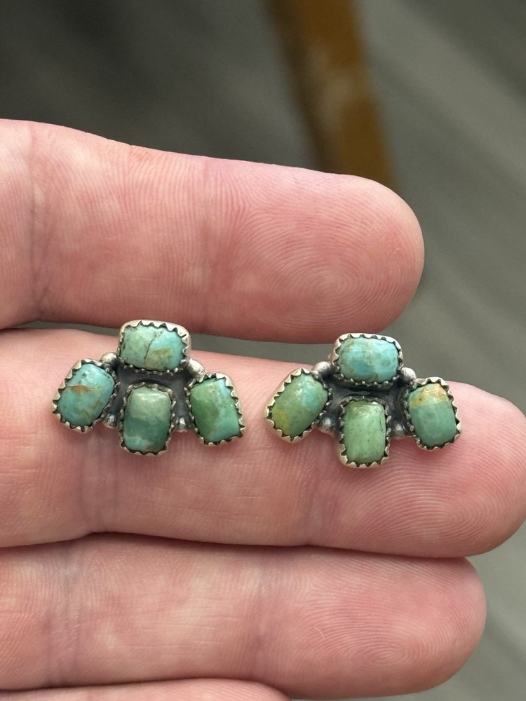 STERLING SILVER TURQUOISE 4 STONE HALF CLUSTER STUD POST EARRINGS .925