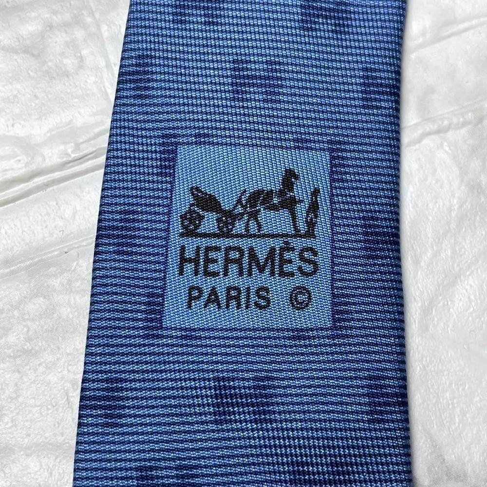 HERMES Tie H Pattern Silk Blue