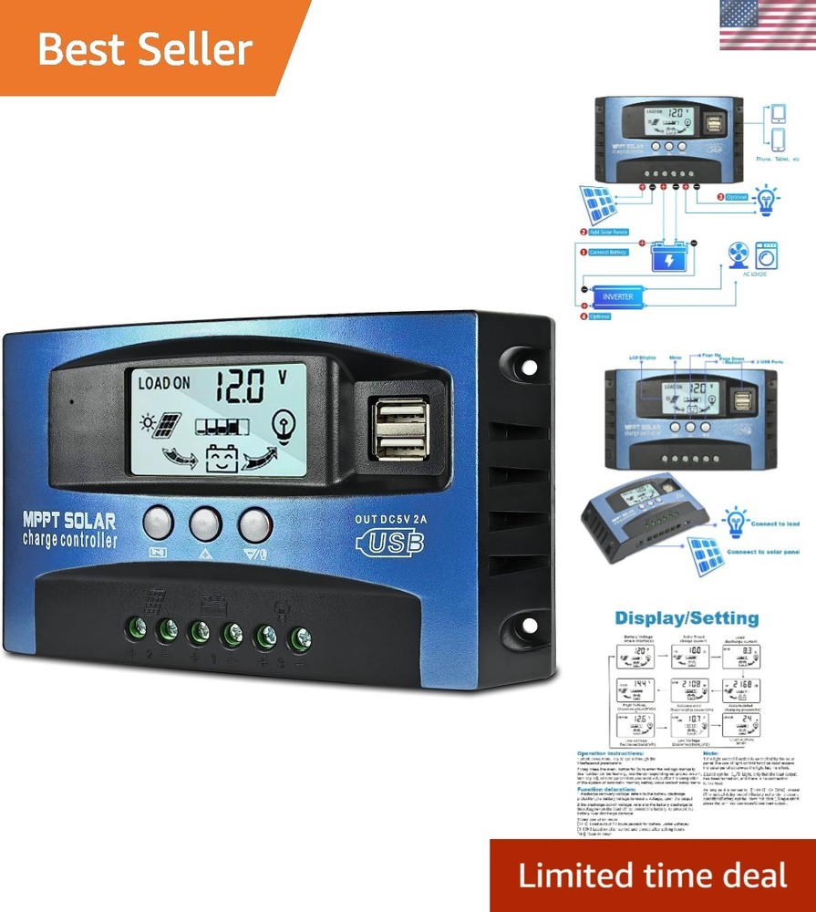 New Blue 100A MPPT Solar Charge Controller with LCD and Dual USB