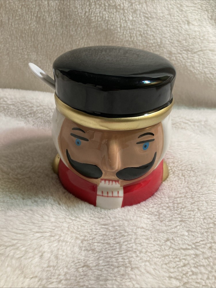 Holly & Moss Ceramic 4in Nutcracker sugar Jar Jam Jar W/SpoonDark Face