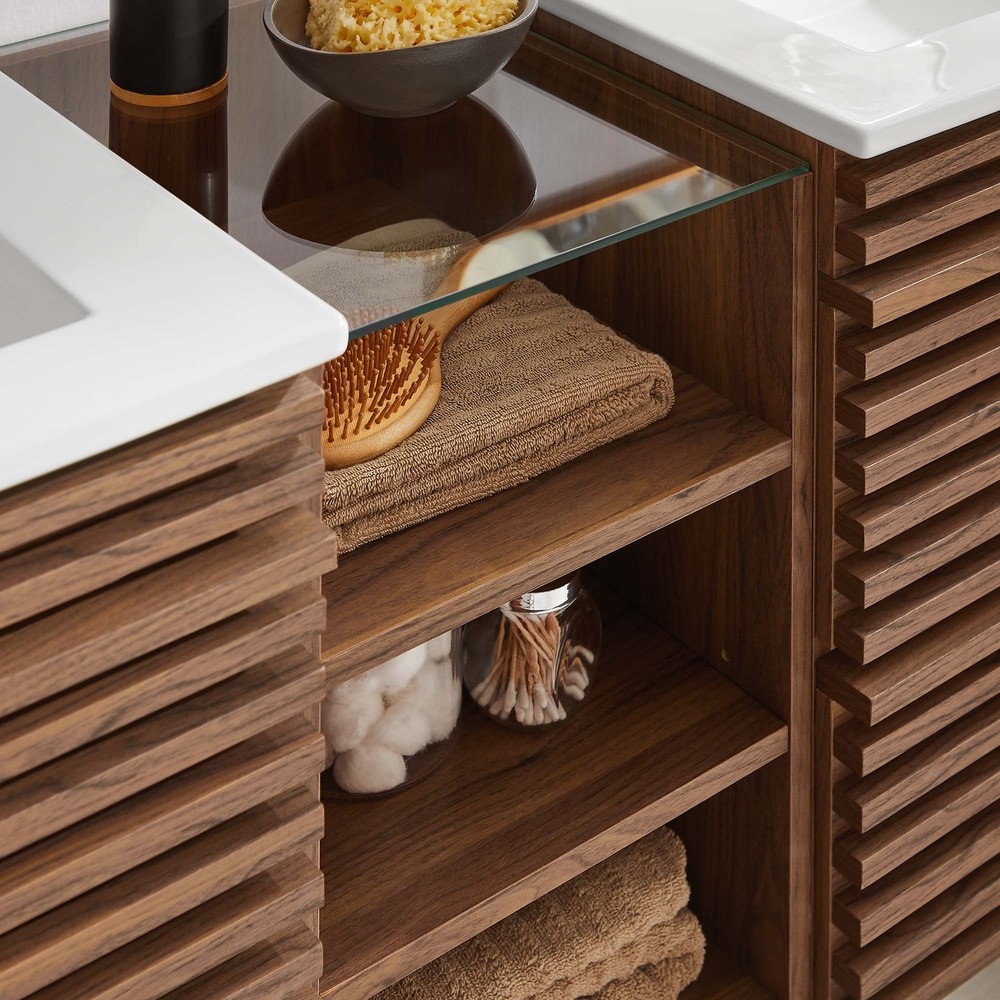 Render 62" Wall-Mount Double Sink Bathroom Vanity in Walnut White