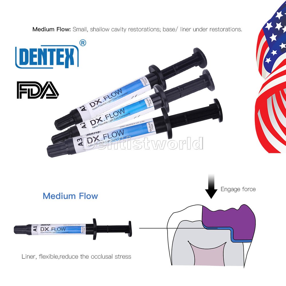 DENTEX Dental Flowable Light Cure Composite Resin Medium Flow A1/A2/A3 3g US