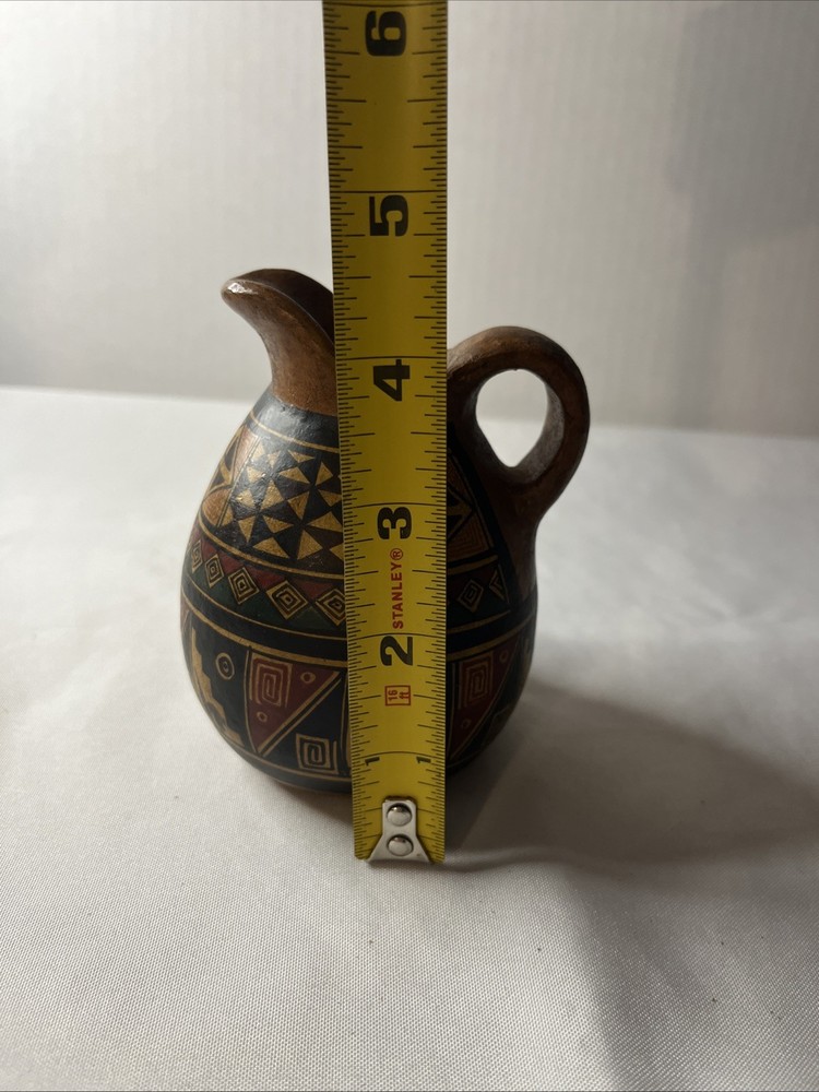 Vintage Hand painted Peruvian ceramic Miniature pitcher Geometric & Animals