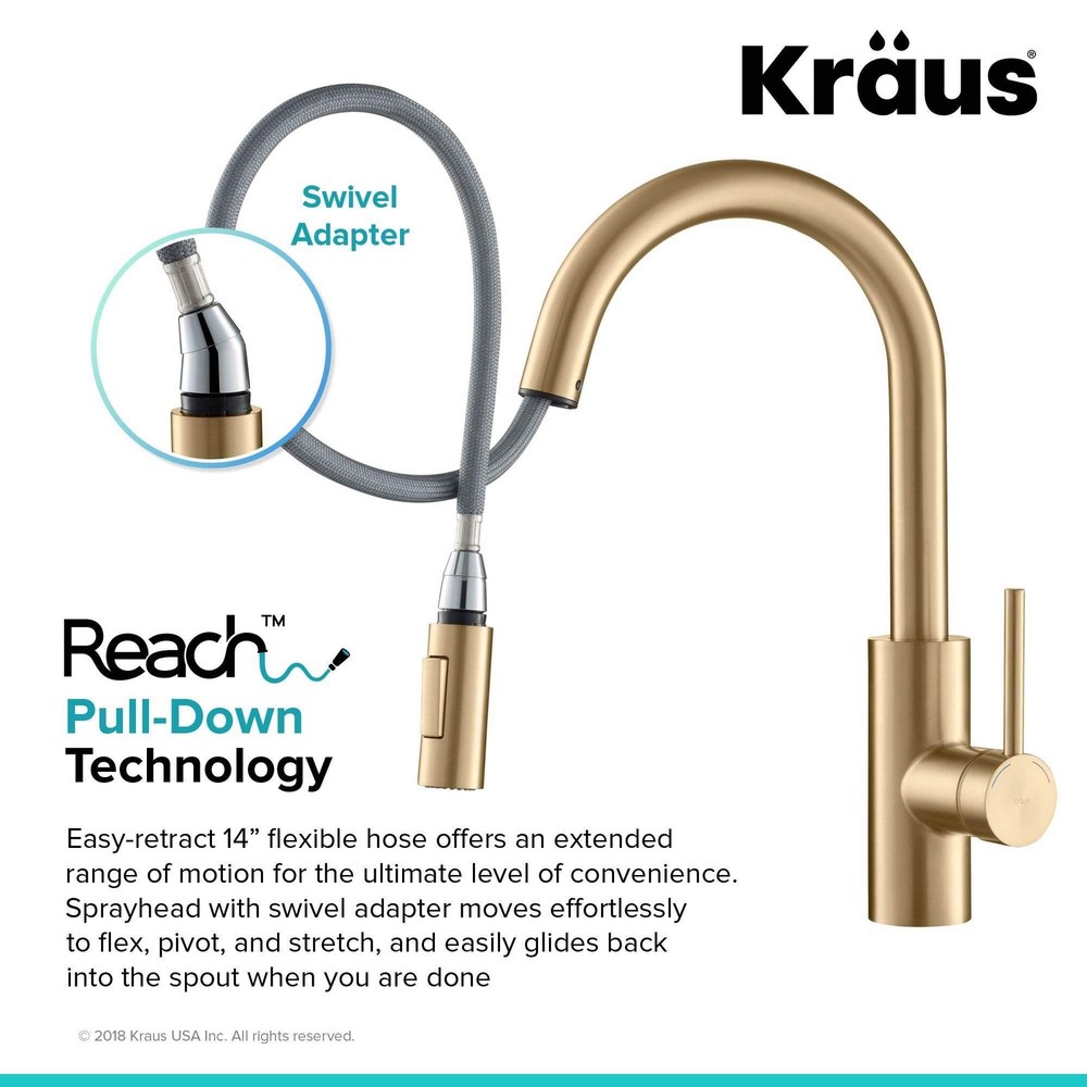 Single Handle Pull Down Kitchen Faucet 15 1/8 inch Brushed Brass KPF-2620BB
