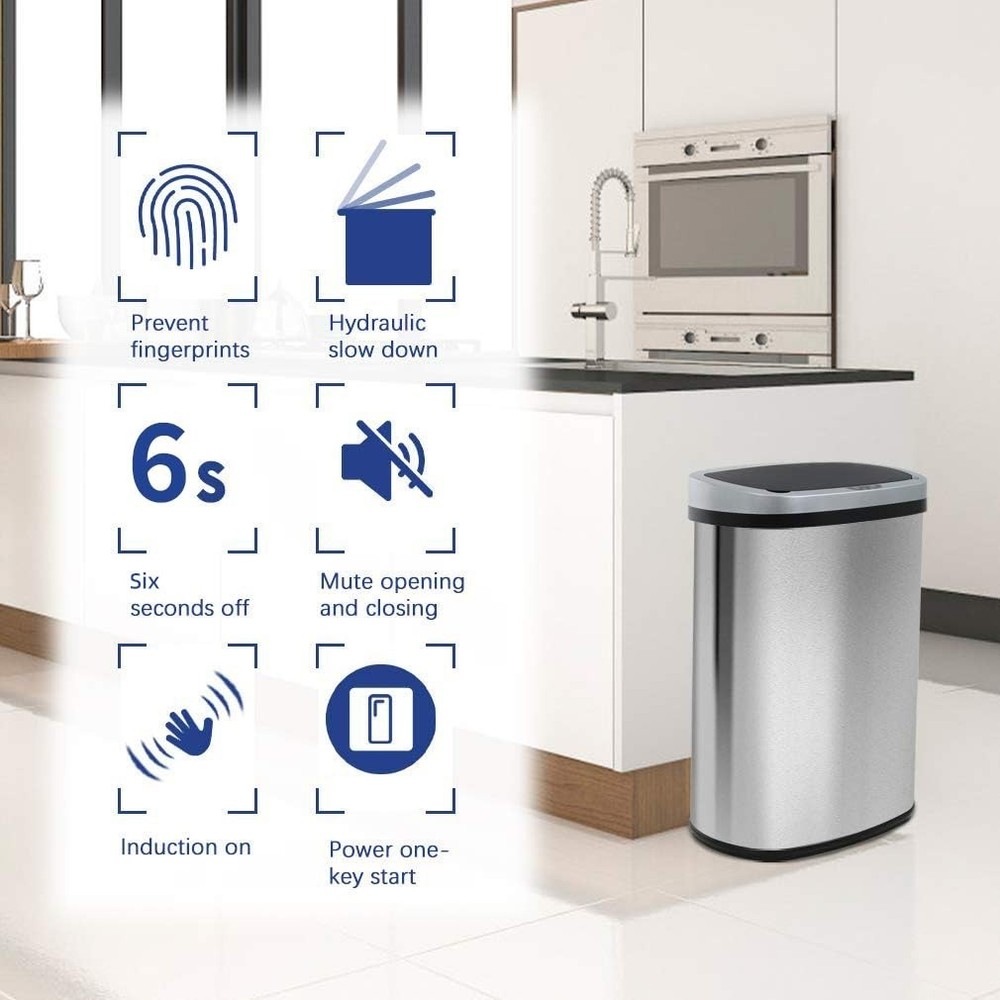 13 Gallon Touchless Trash Can Stainless Steel Auto Sensor Lid Kitchen Bin