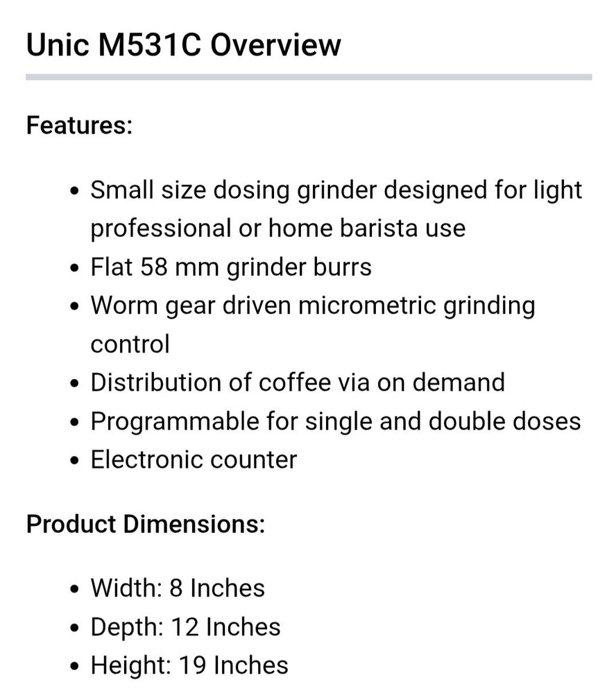 Unic M531C 1.1 Lb Macap Programmable Espresso Coffee Bean Grinder NEW OPEN BOX