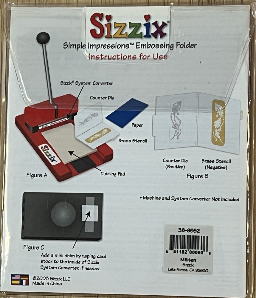 Sizzix Simple Impressions Embossing Folder “Mittens” #38-9552 NEW