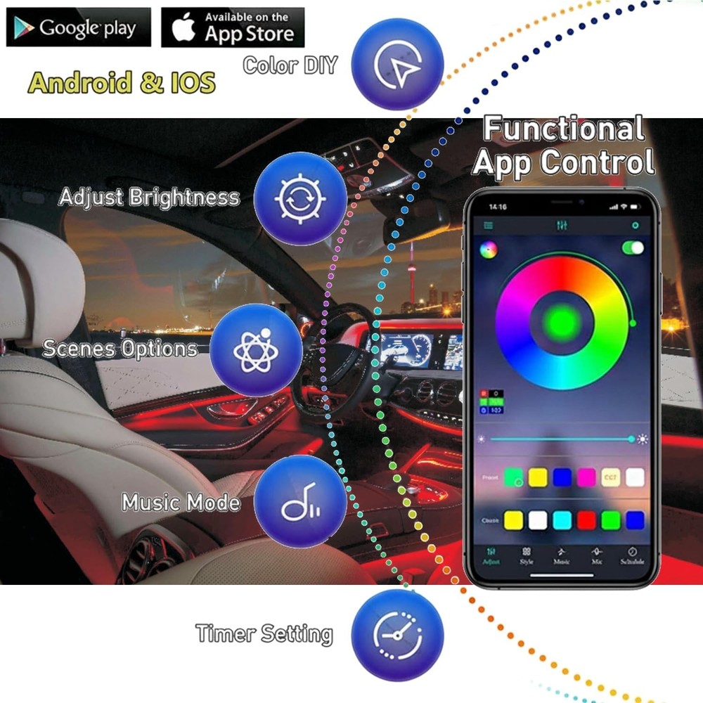 5 in 1 Interior Car LED Strip Neon Lights with Wireless APP and Remote Control