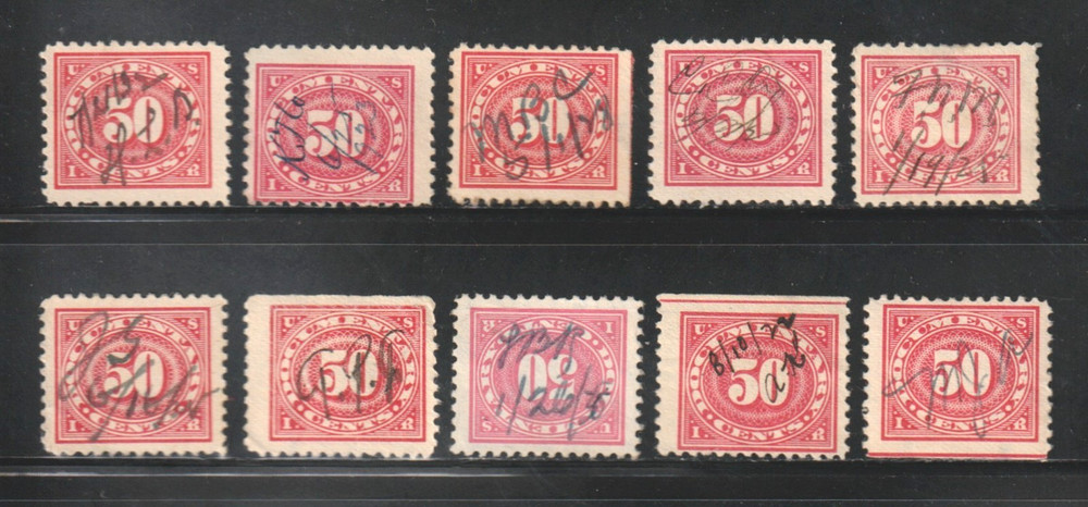 Scott # 238, Used, 50¢ Documentary, Manuscript Cancels, 10 Different