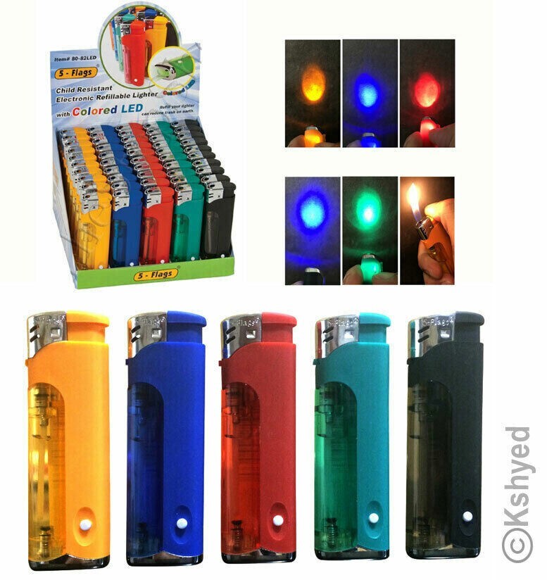 (7 Pack) 5-Flags Refillable Butane Flame AST Lighter (Colored LED Flashlight)New